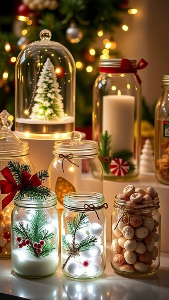 Decorated Christmas glass jars with snow globes, candle holders, and festive treats, surrounded by holiday decorations.